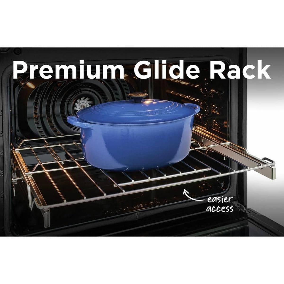 Premium glide rack pulled out with a heavy Dutch oven
