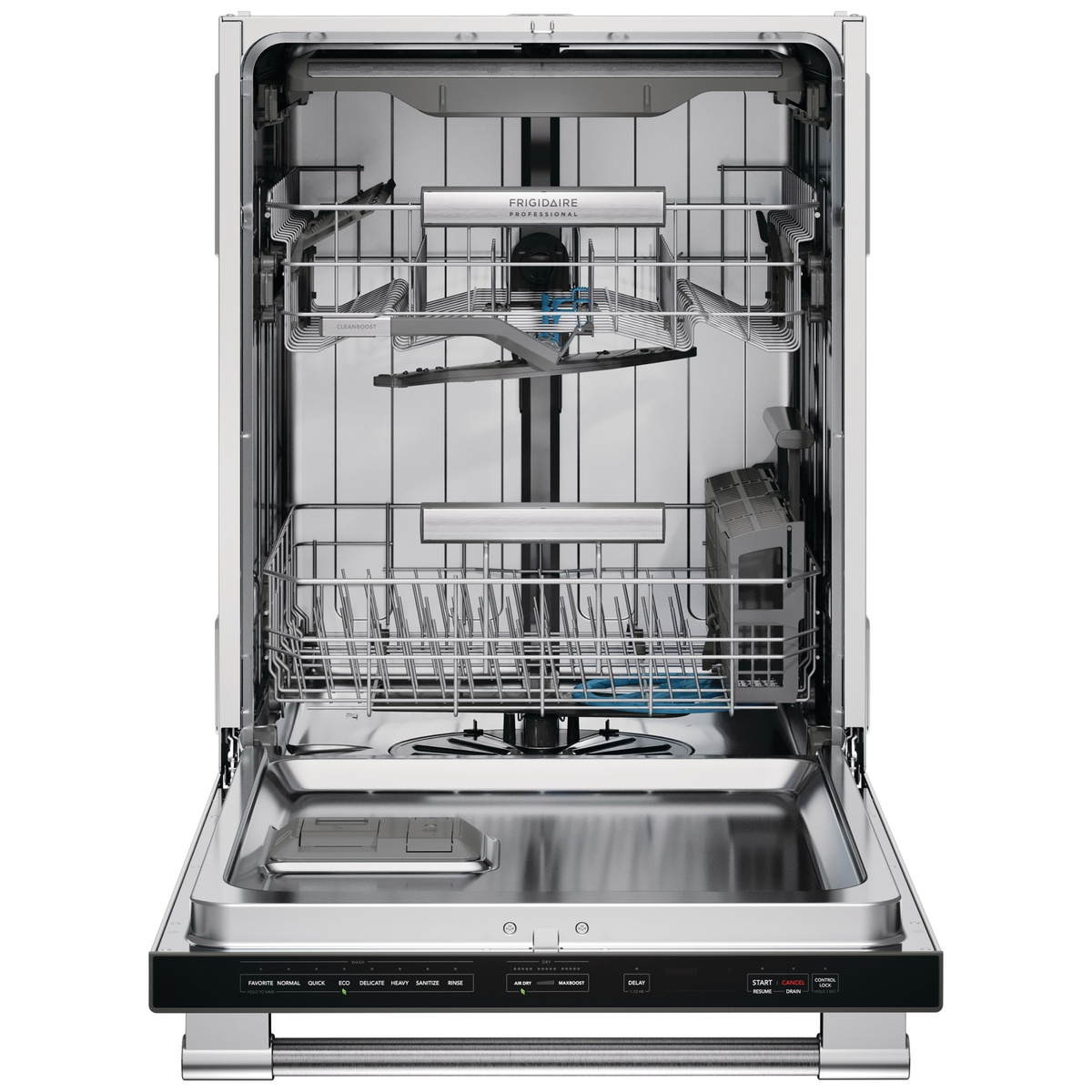 Open dishwasher showing stainless tub, spray arms and rack layout