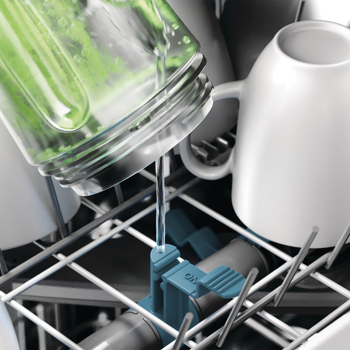 Closeup of targeted spray zone cleaning inside rack