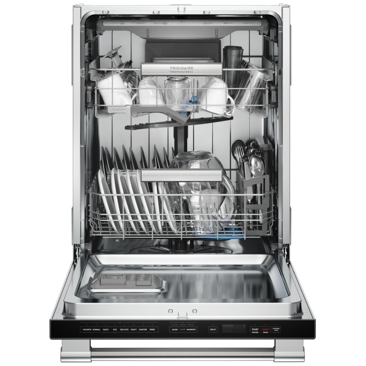 Dishwasher interior loaded with dishes showing multiple racks and spray arm