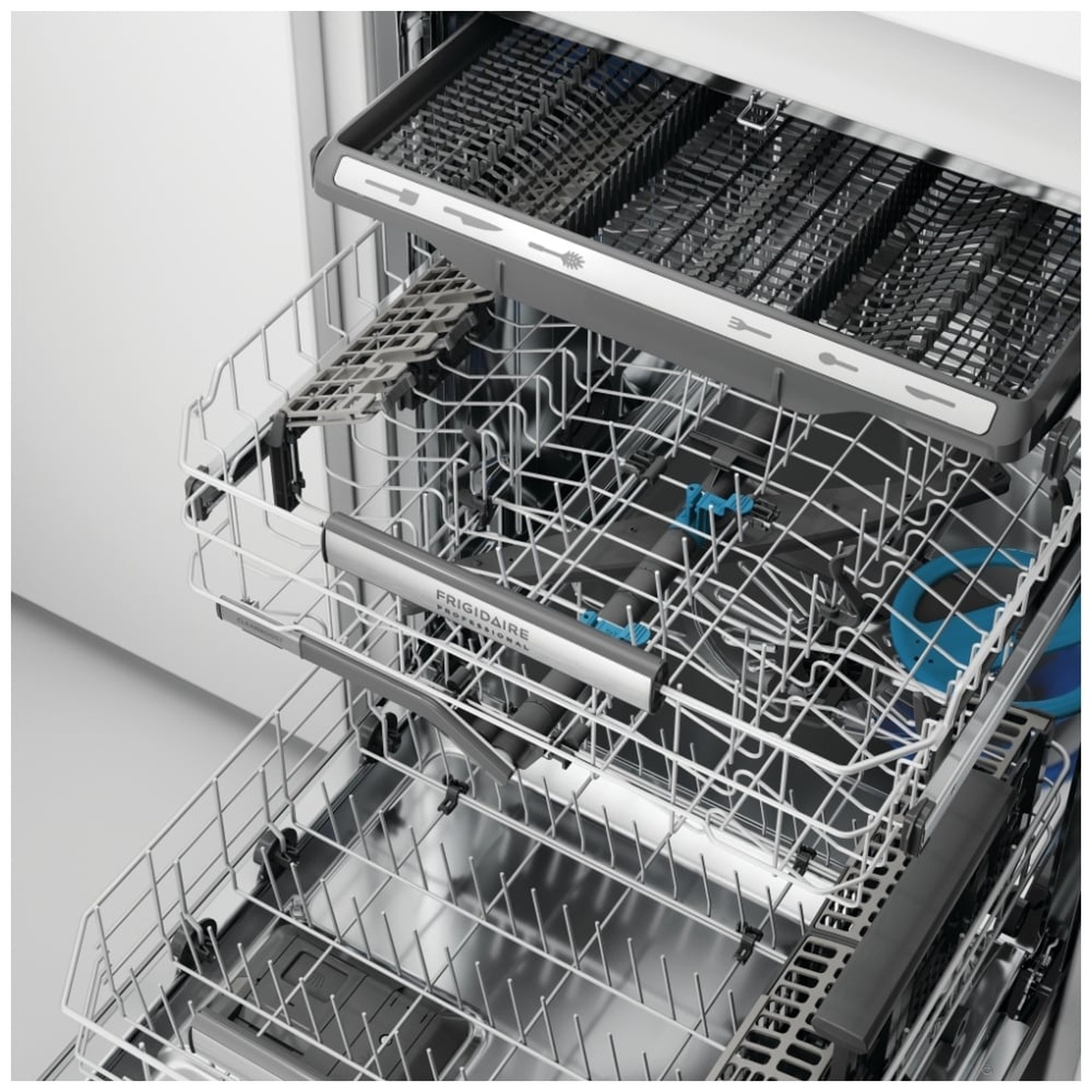 Close-up of dishwasher racks and third-level utensil tray