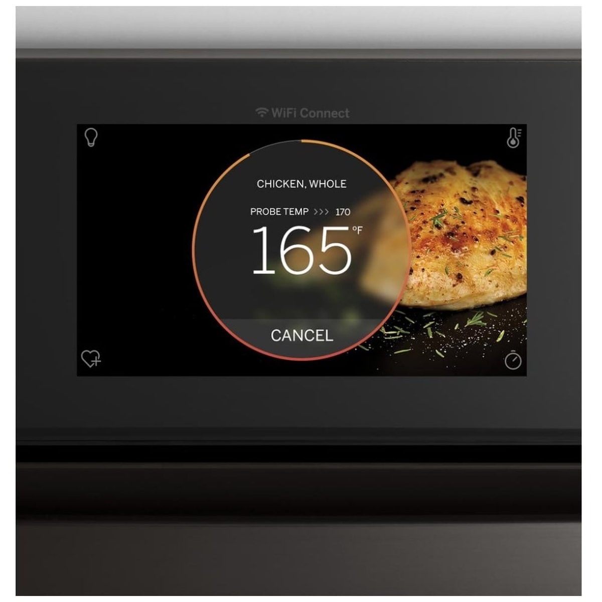 Close-up of the oven’s 7-inch full-color touch screen showing temperature probe guidance at 165 degrees for chicken.