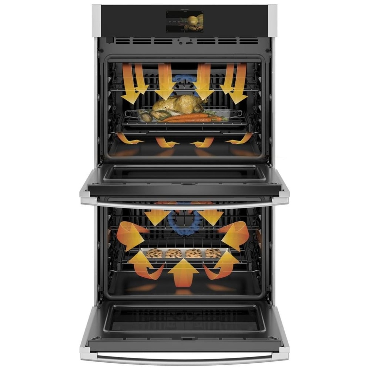 Open GE Profile double wall oven showing top-down airflow in upper oven and convection fan airflow in lower oven around food.