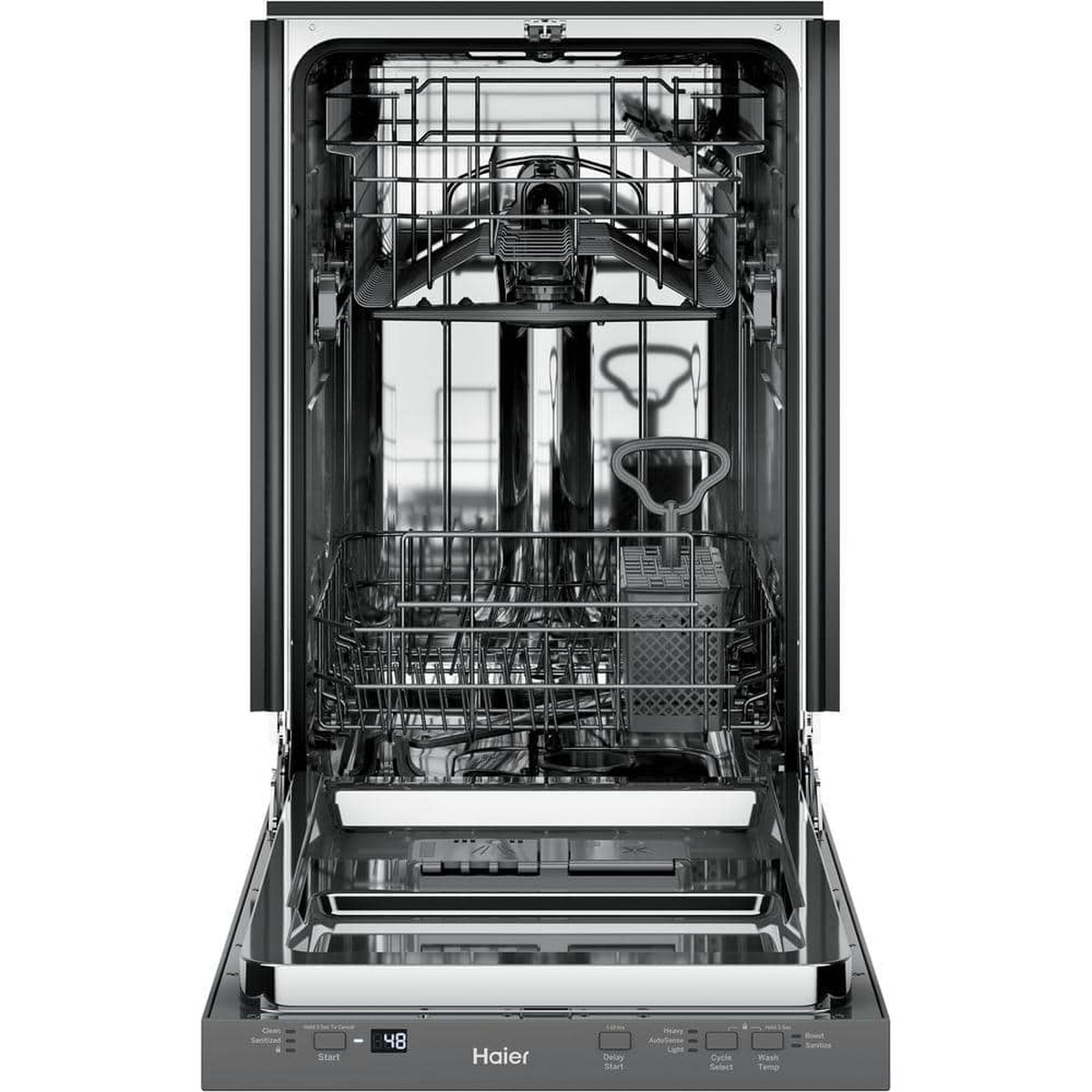Open Haier 18-inch dishwasher showing stainless tub, two racks, and silverware basket.