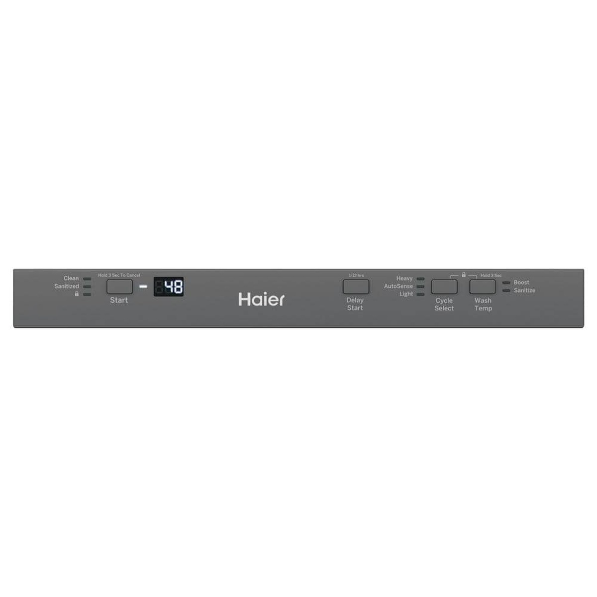 Top control panel of the Haier dishwasher with cycle select, delay start, and sanitize options.