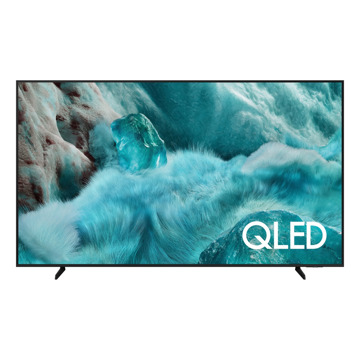 Front view of Samsung 43-inch QLED TV displaying a teal scene