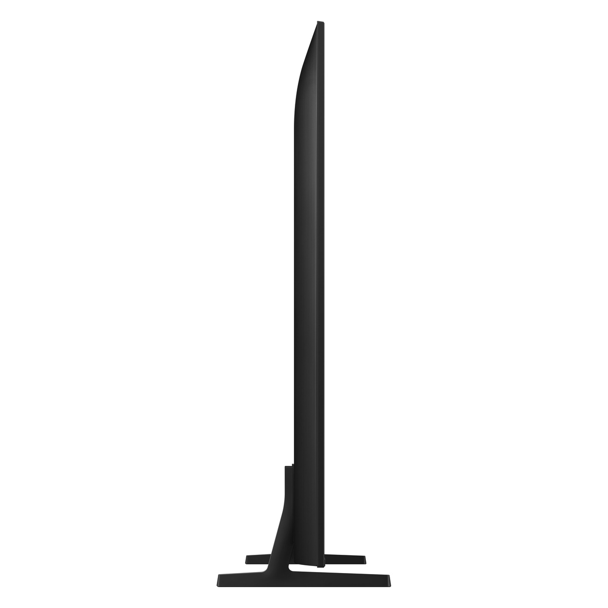 Side profile of TV showing slim design and two-foot stand
