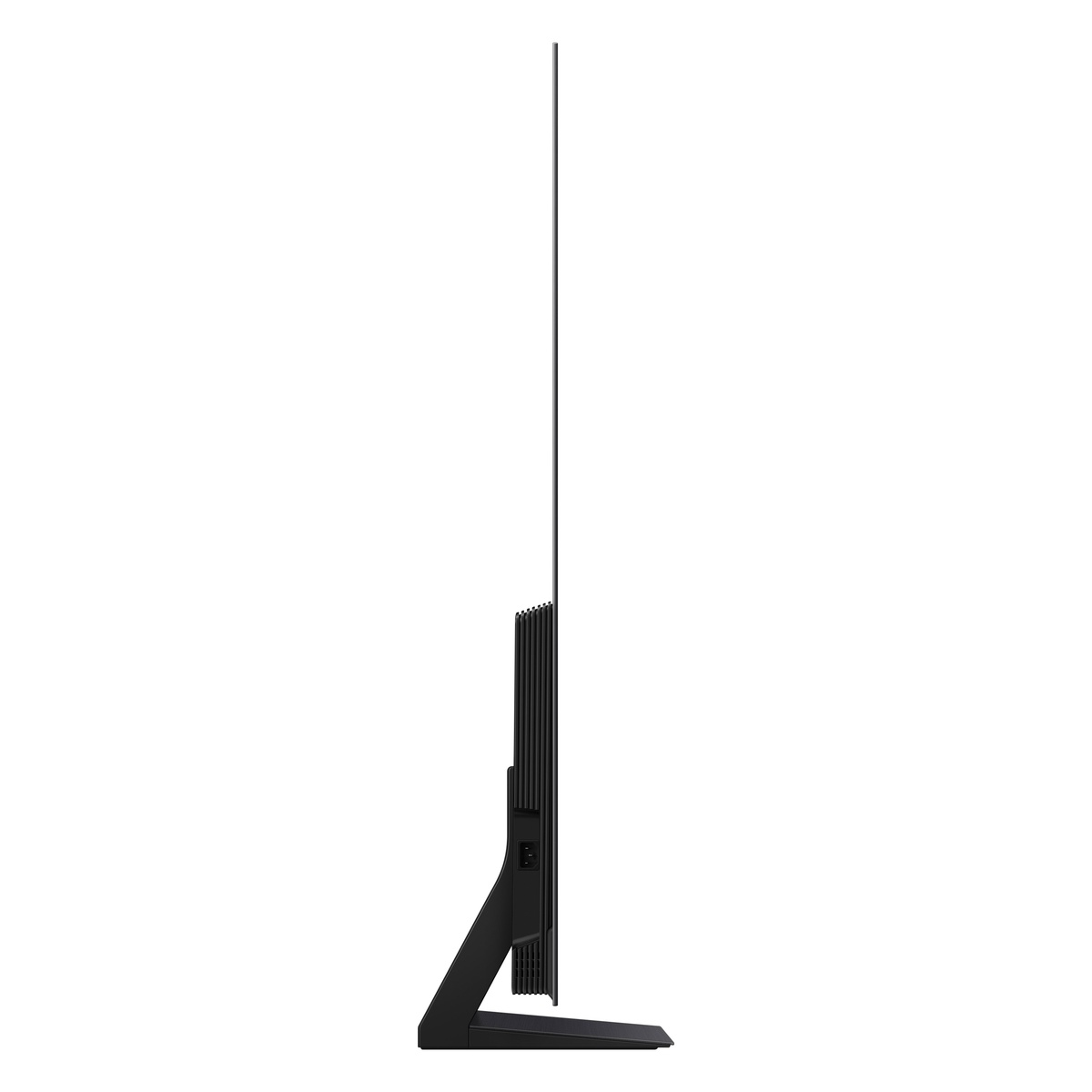 Ultra-slim side profile of the Samsung OLED TV on its stand.