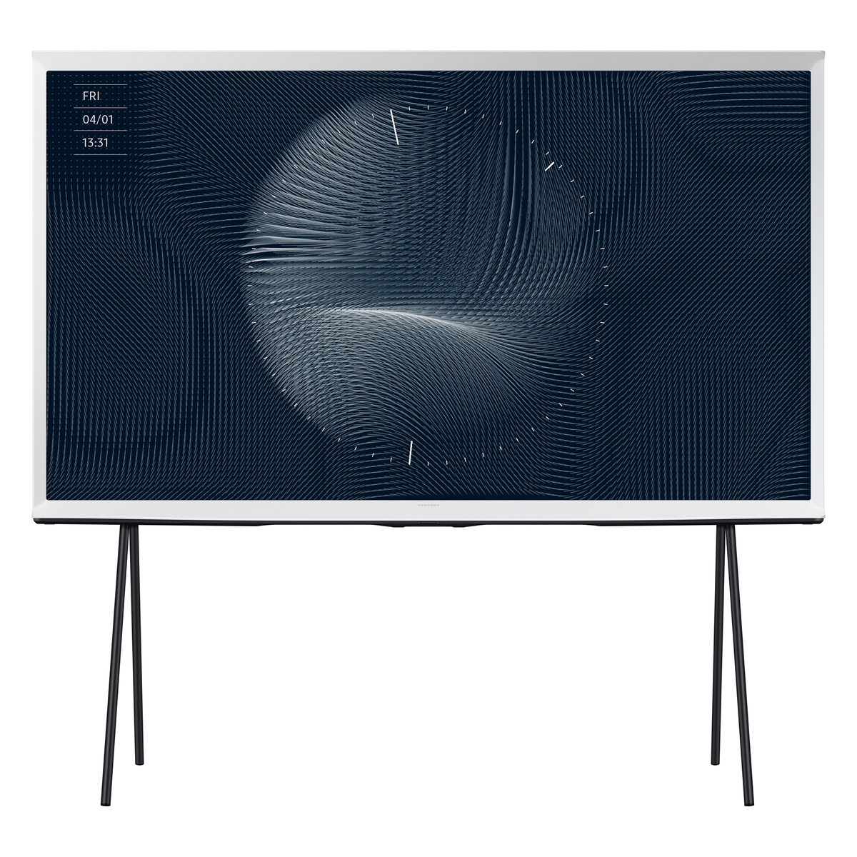 Front view of The Serif 55-inch TV on its detachable floor stand.