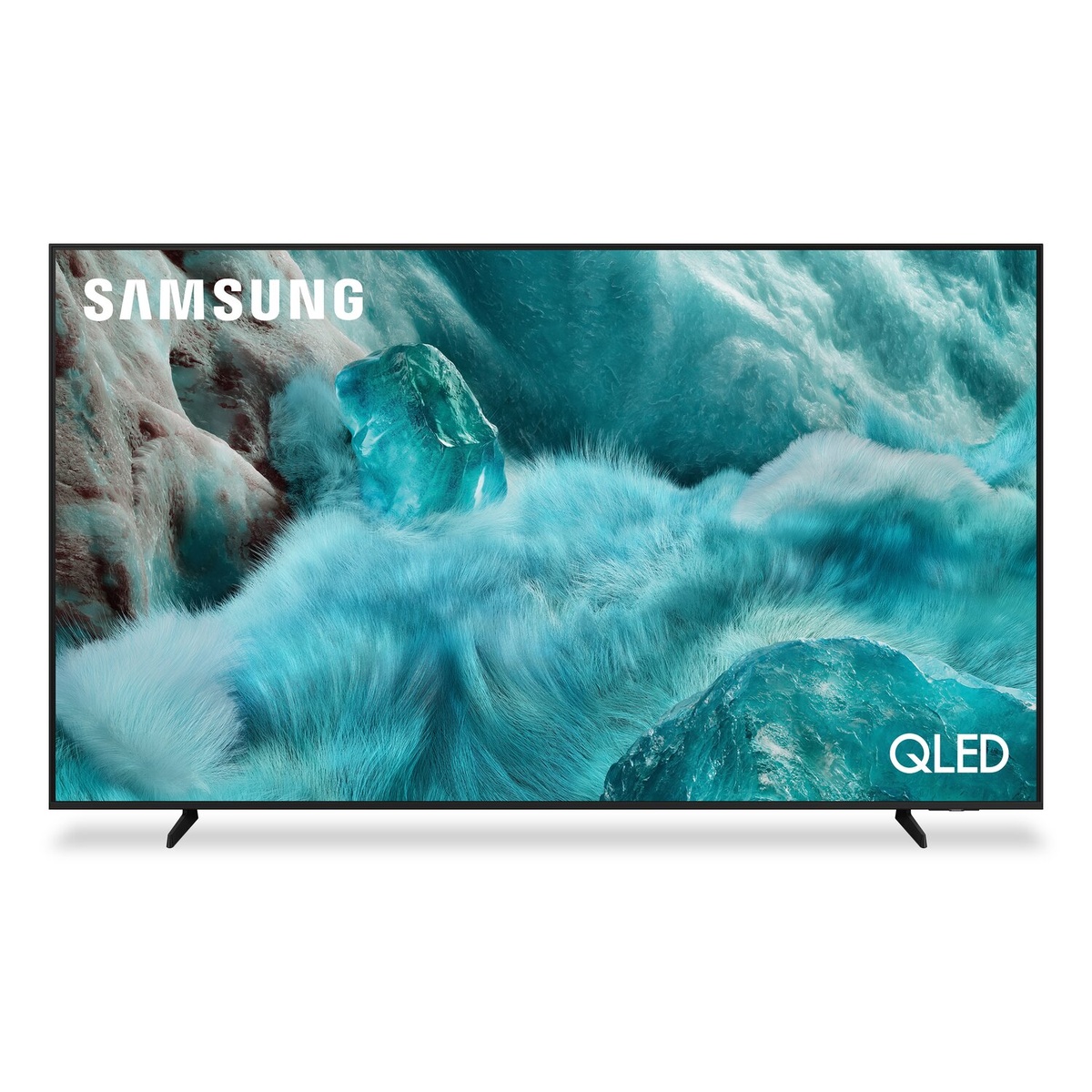 Front view of Samsung QLED TV displaying vibrant teal imagery