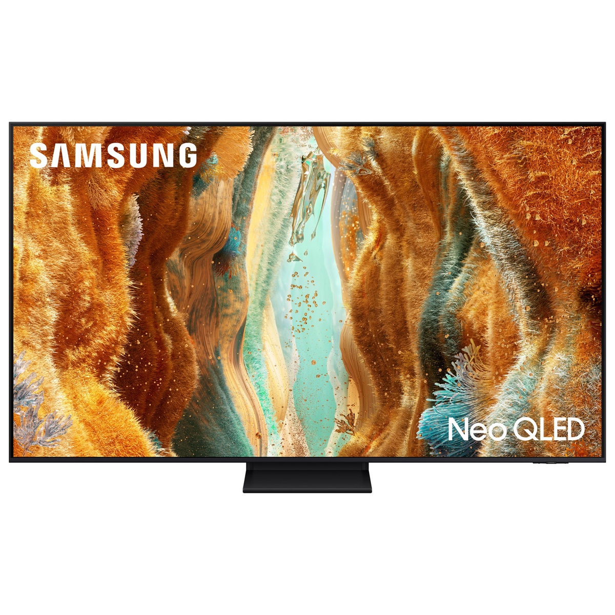 Front view of Samsung Neo QLED TV displaying vibrant imagery