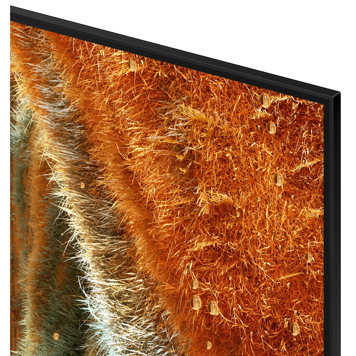 Close‑up of the TV’s thin bezel and detailed screen texture