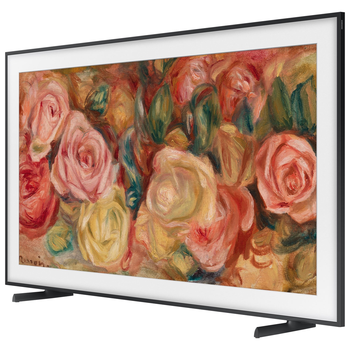 Samsung The Frame TV displaying artwork with matte finish, angled front view