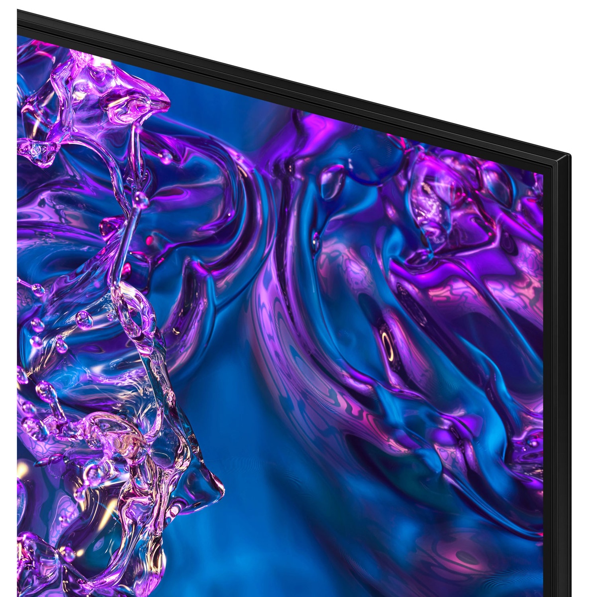 Close-up of the Samsung QLED TV corner showing thin bezels and panel detail