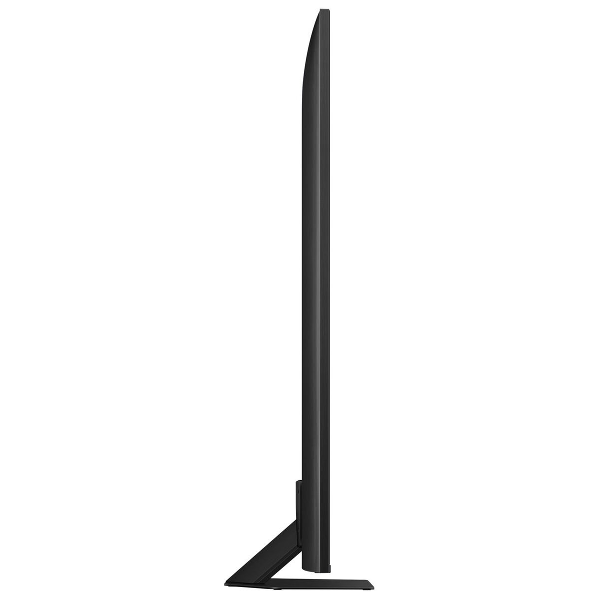 Slim side profile of Samsung QLED TV on pedestal stand