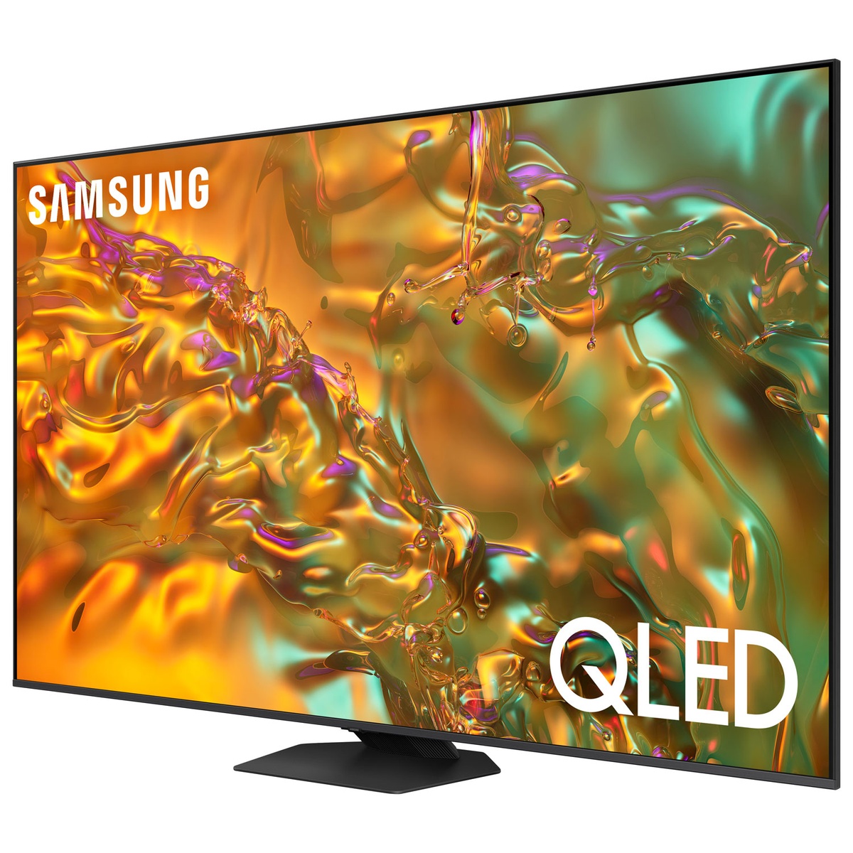 Samsung 65-inch QLED TV angled view on stand showing vibrant 4K picture