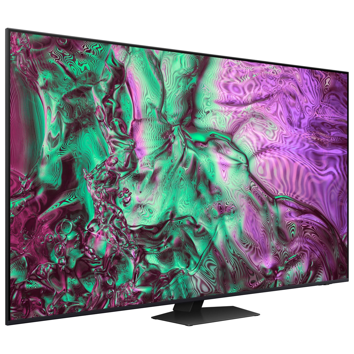 Angled front view of Samsung 65-inch Neo QLED TV on stand showing vibrant colours