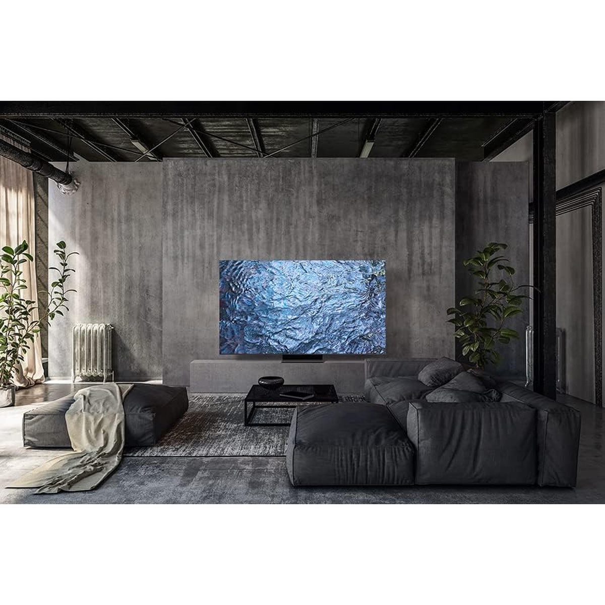 Samsung Neo QLED TV styled in a modern living room, showcasing an edge-to-edge picture.