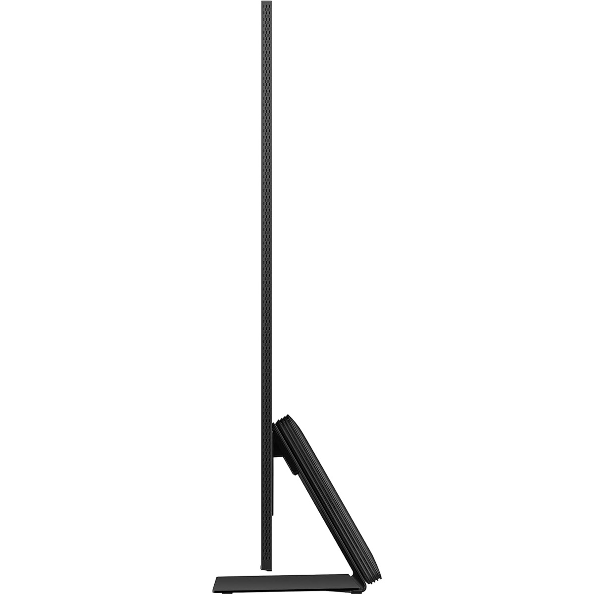 Side profile of an ultra-thin Samsung TV on a central pedestal stand.