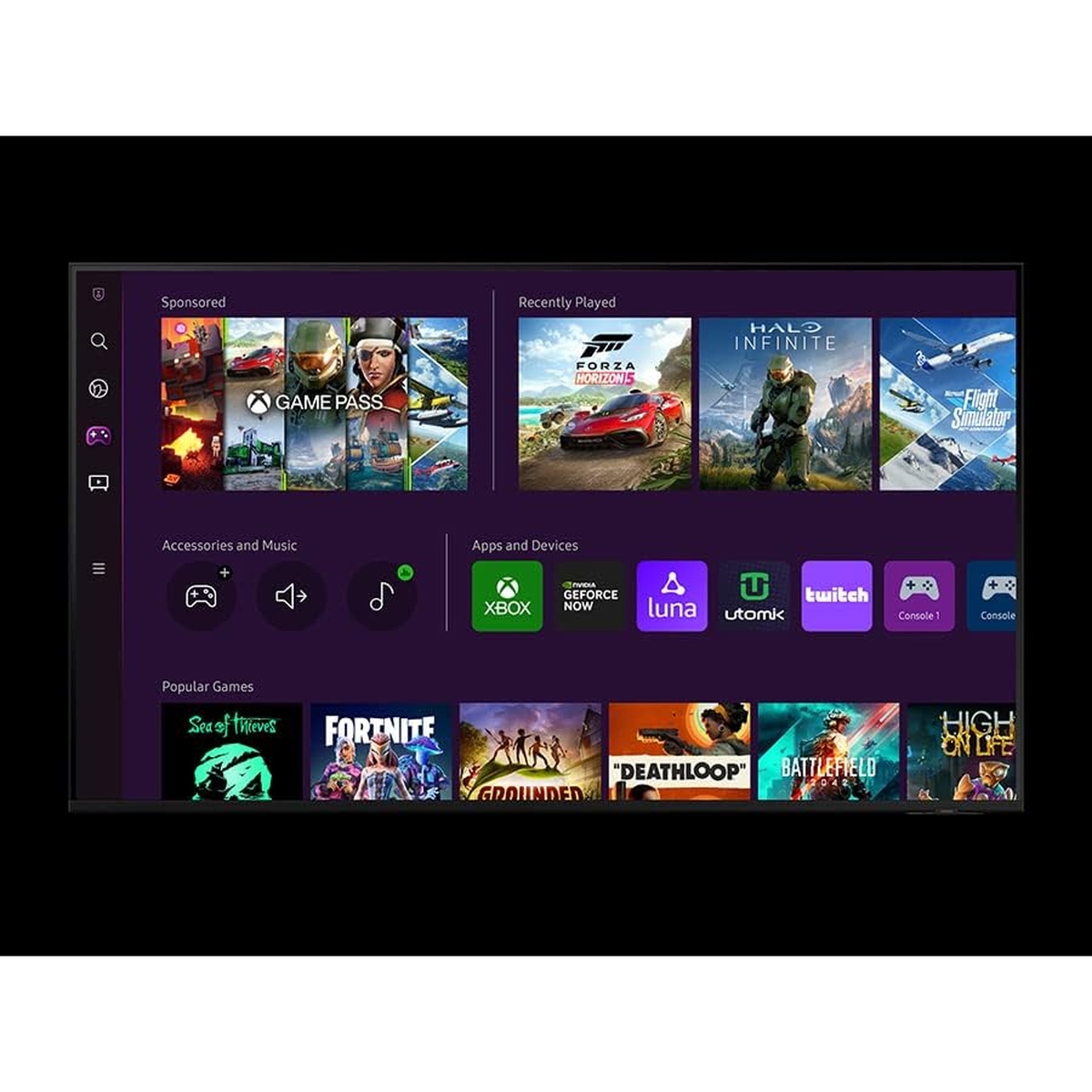 Onβscreen Samsung Gaming Hub showing games, apps, and accessories in one dashboard.