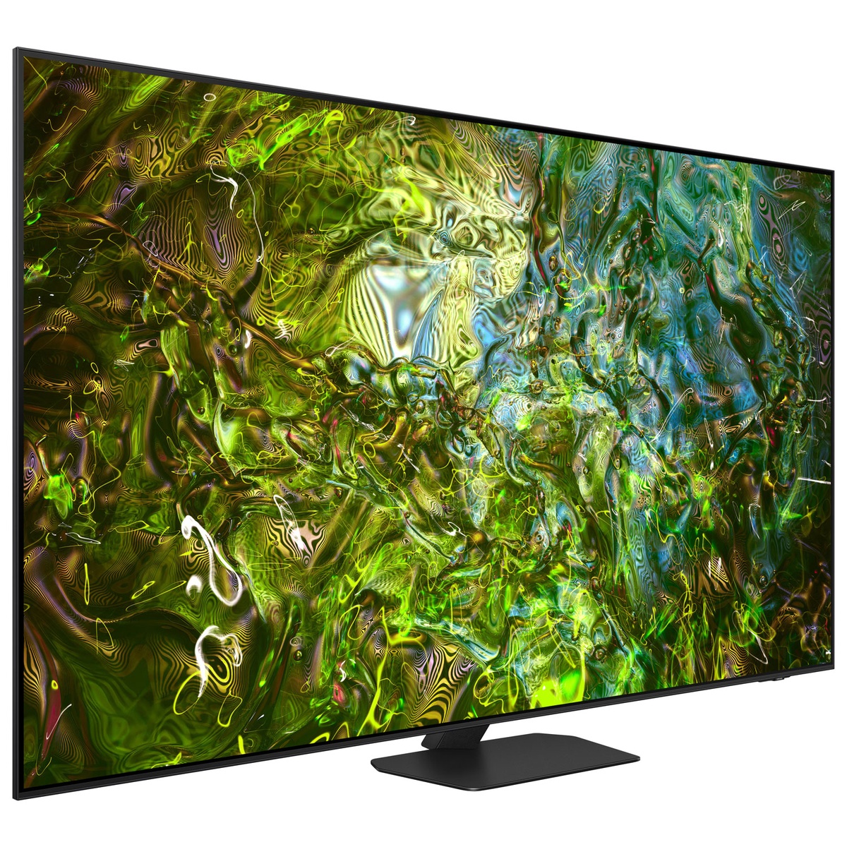 Side-angled view of the Samsung 65-inch Neo QLED TV showing thin bezels and vivid on-screen colors on a center stand