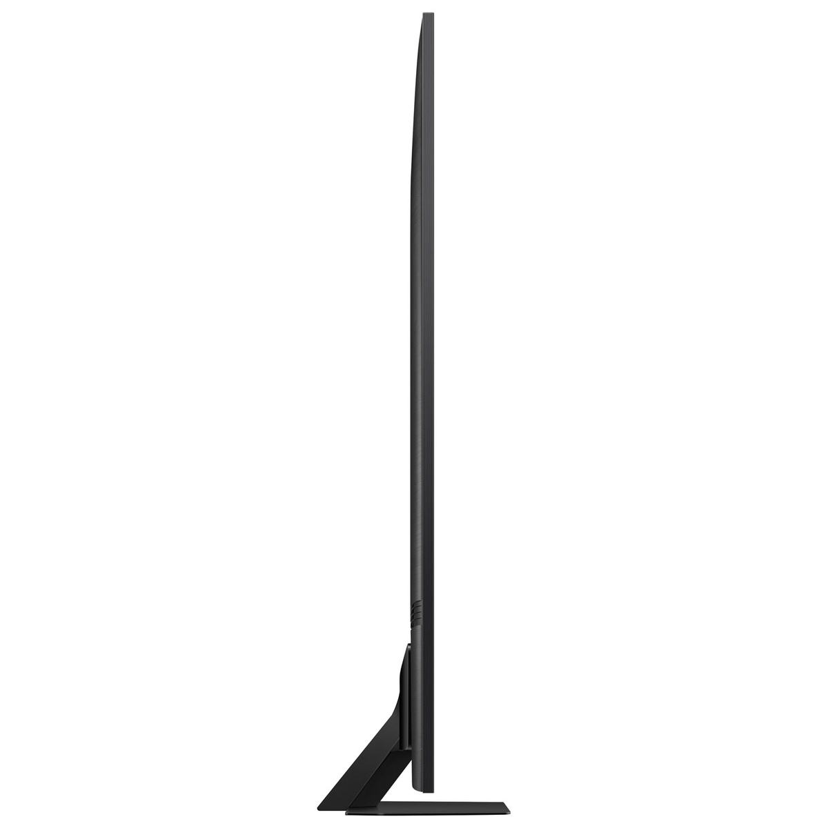 Slim side profile of the Samsung Neo QLED TV highlighting its thin chassis and center pedestal