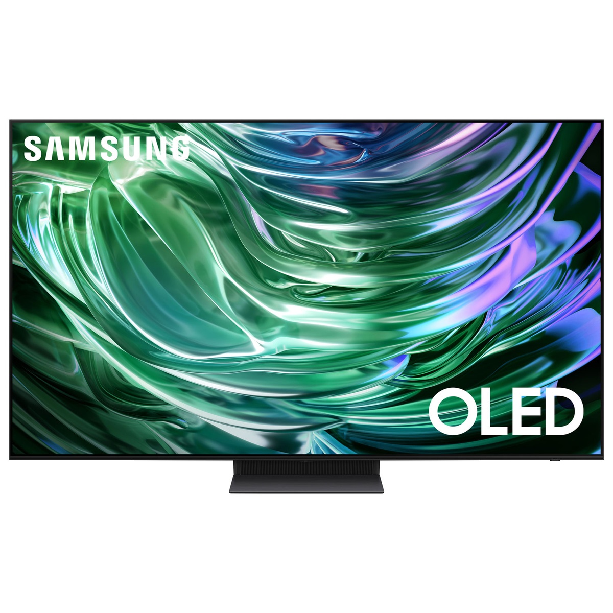 Front view of Samsung 65-inch OLED TV with abstract green image on screen