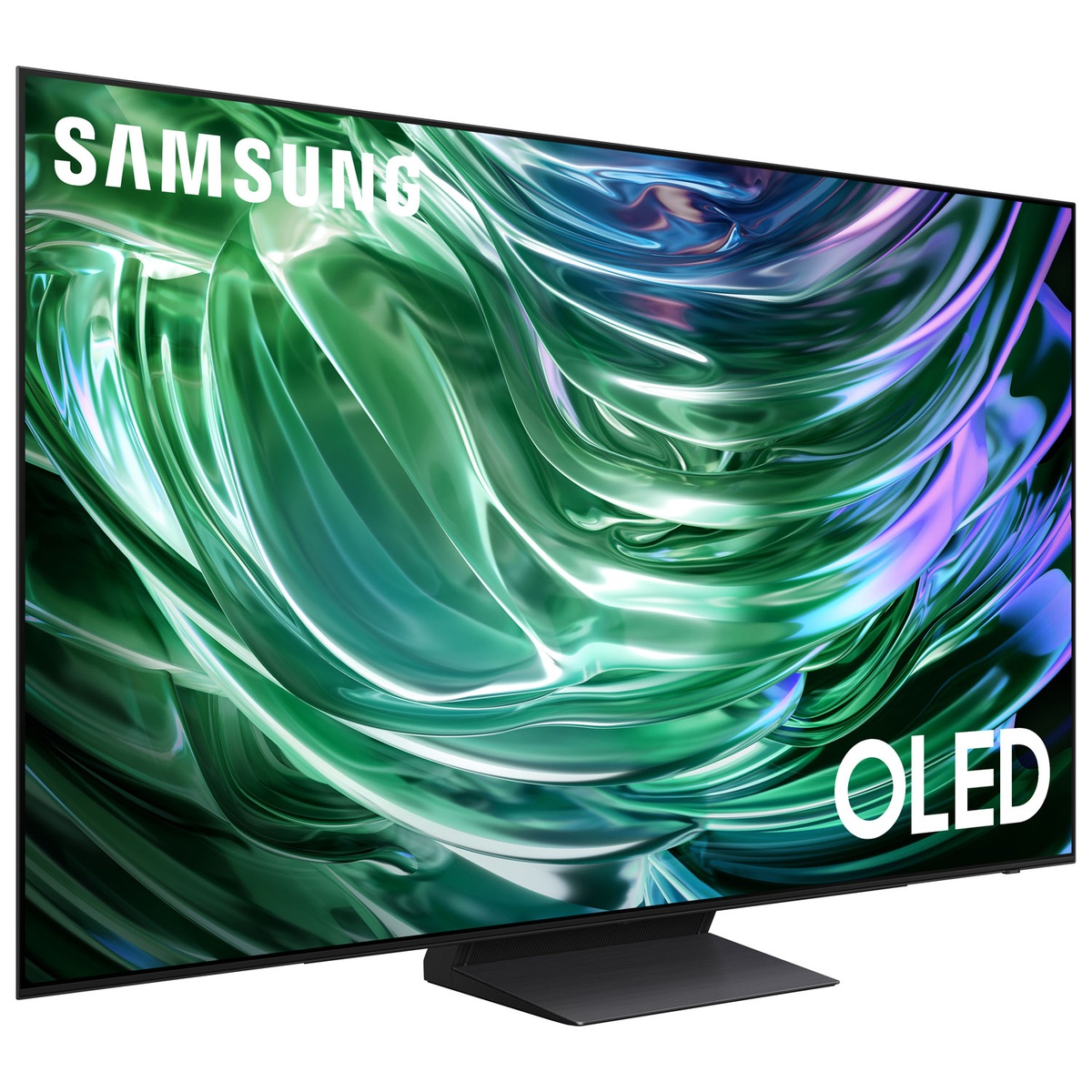Angled view of Samsung OLED TV showing slim bezels and center pedestal stand