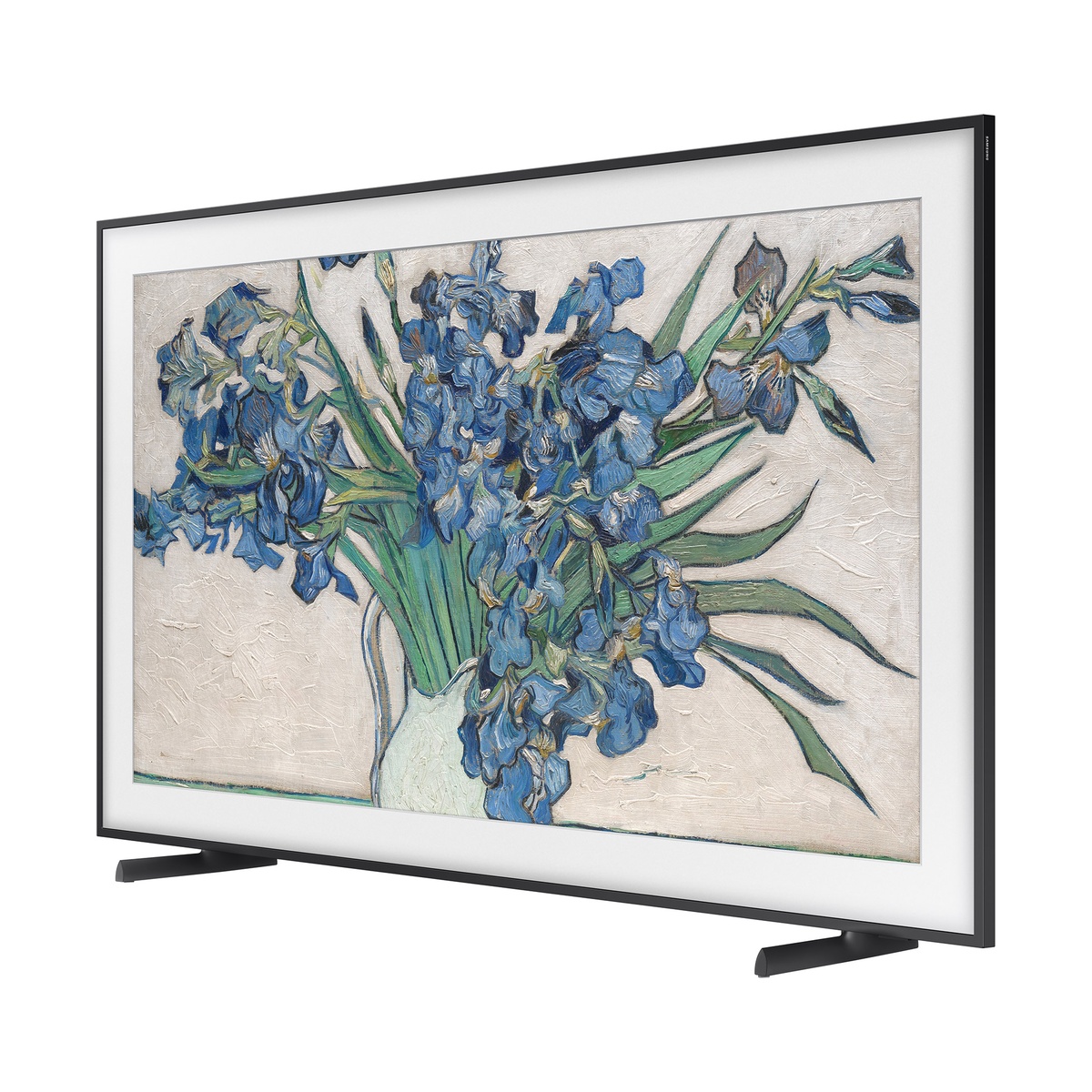Samsung The Frame 85-inch TV displaying art with slim stand, angled front view