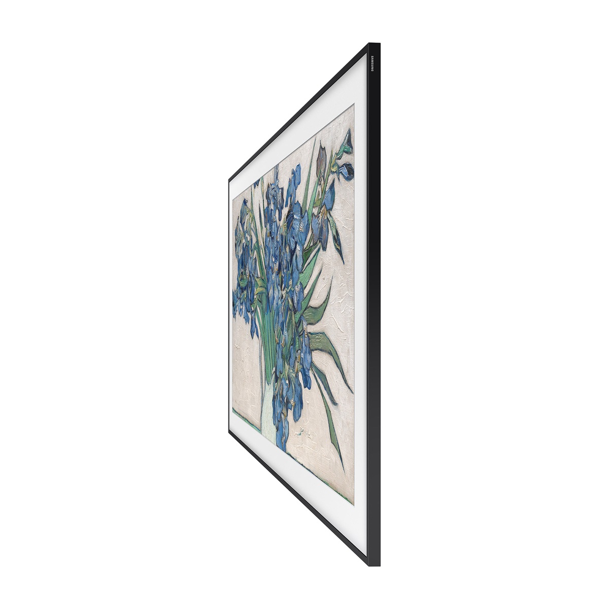 Ultra-slim side profile of Samsung The Frame 85-inch TV mounted close to wall