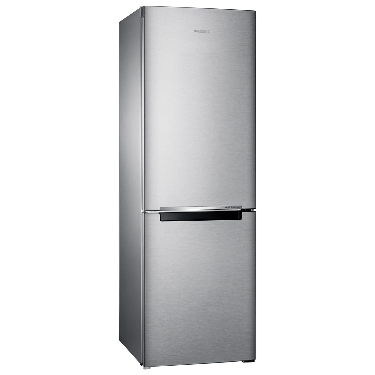 Samsung refrigerator angled opposite view highlighting the fingerprint‑resistant stainless finish and handle