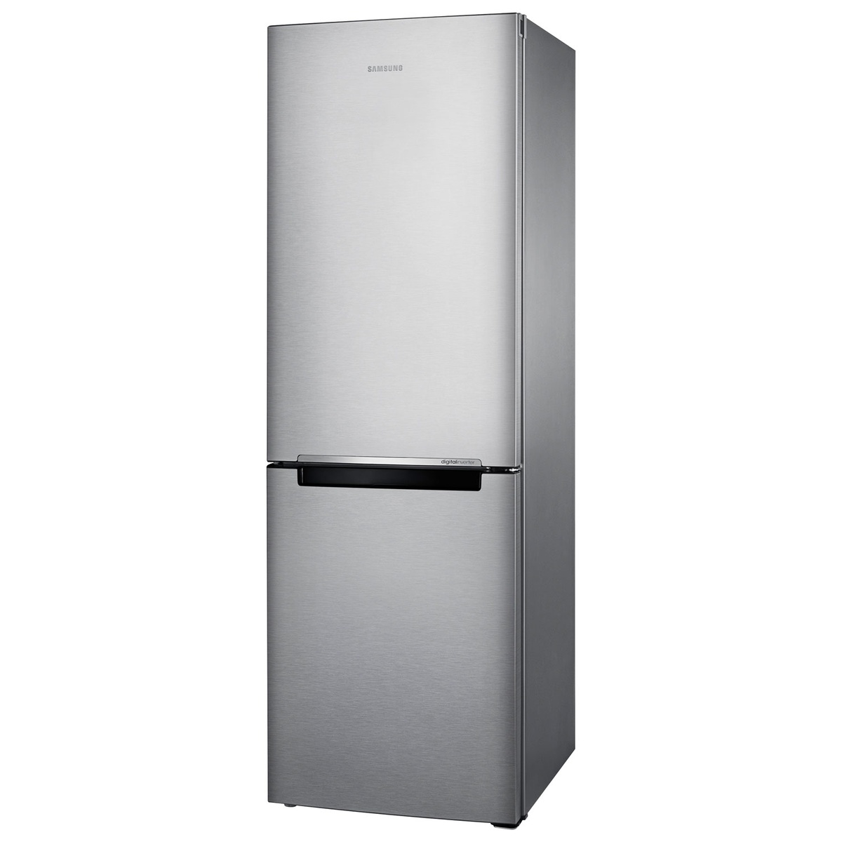 Stainless steel Samsung bottom-freezer refrigerator angled view showing slim counter-depth design