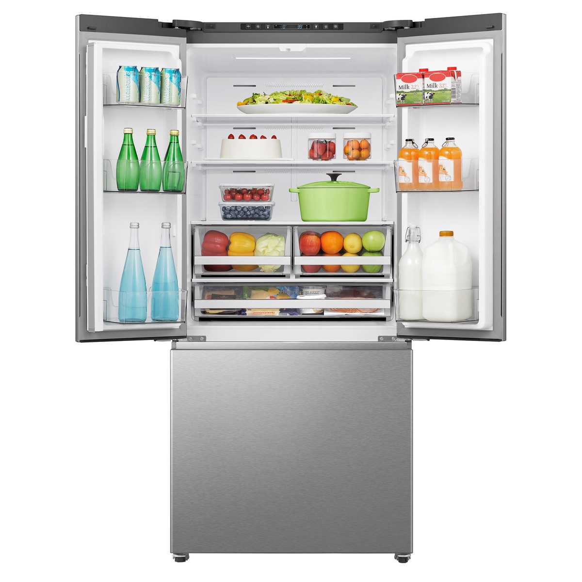 Refrigerator stocked with beverages, produce, and dishes across adjustable shelves and door bins