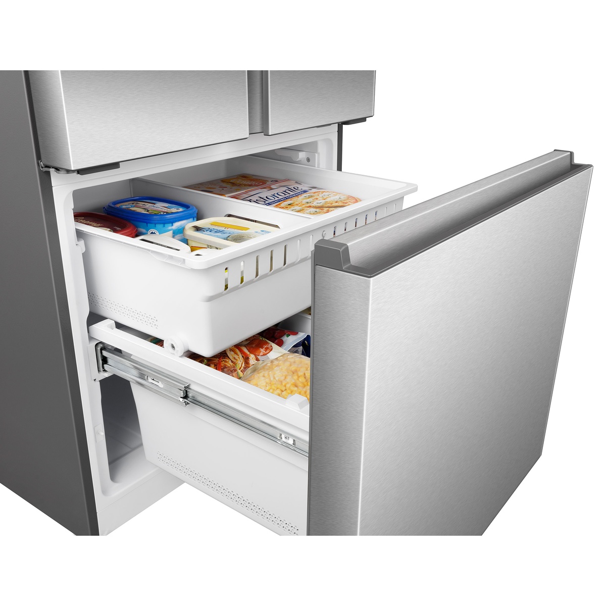 Freezer drawer with sliding bins and organized frozen foods