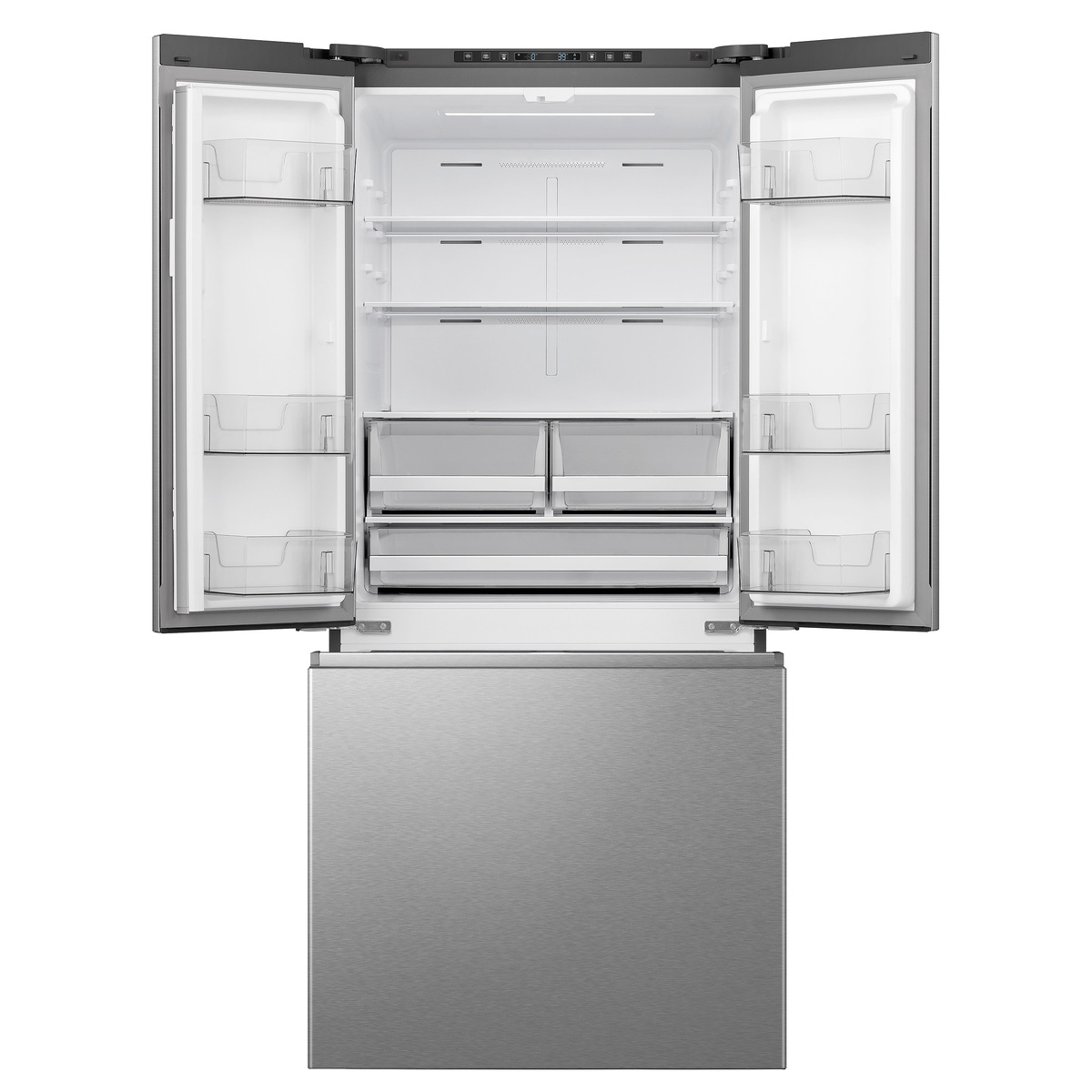 Interior view showing LED lighting, adjustable shelves, and transparent door bins