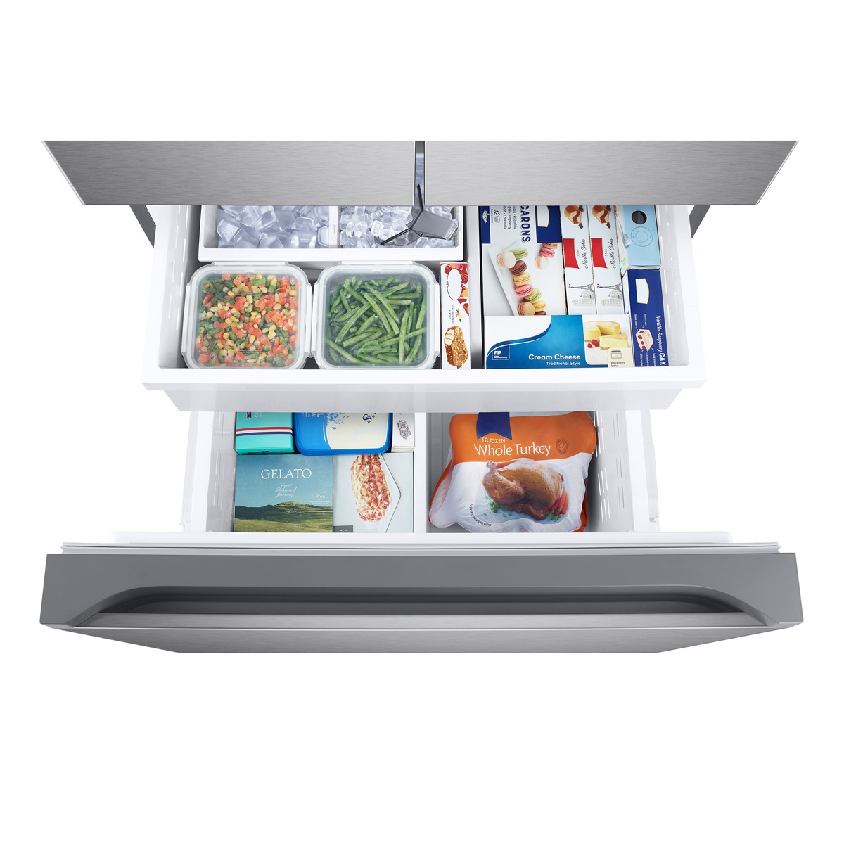 Bottom freezer drawer organized with ice, frozen foods and packages