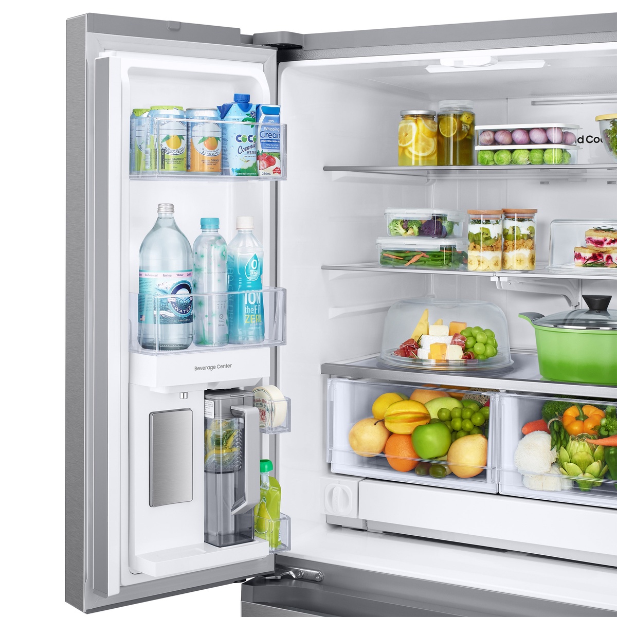 Interior view showing Beverage Center with auto-fill pitcher and organized shelves