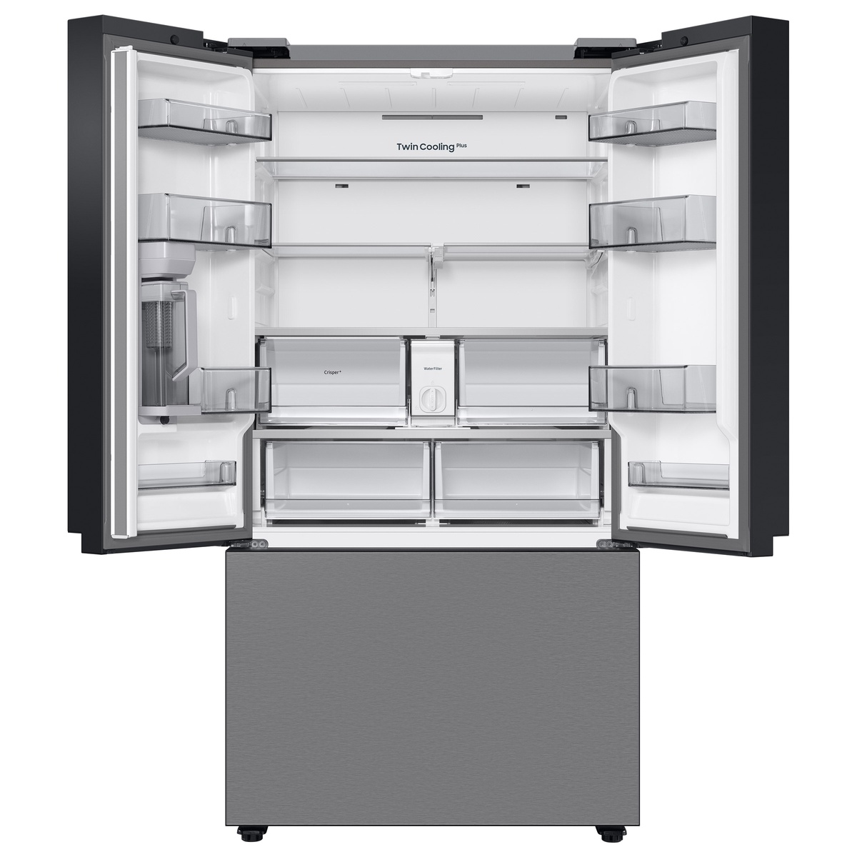 Refrigerator interior open showing adjustable shelves, door bins, crisper drawers and wide storage space.