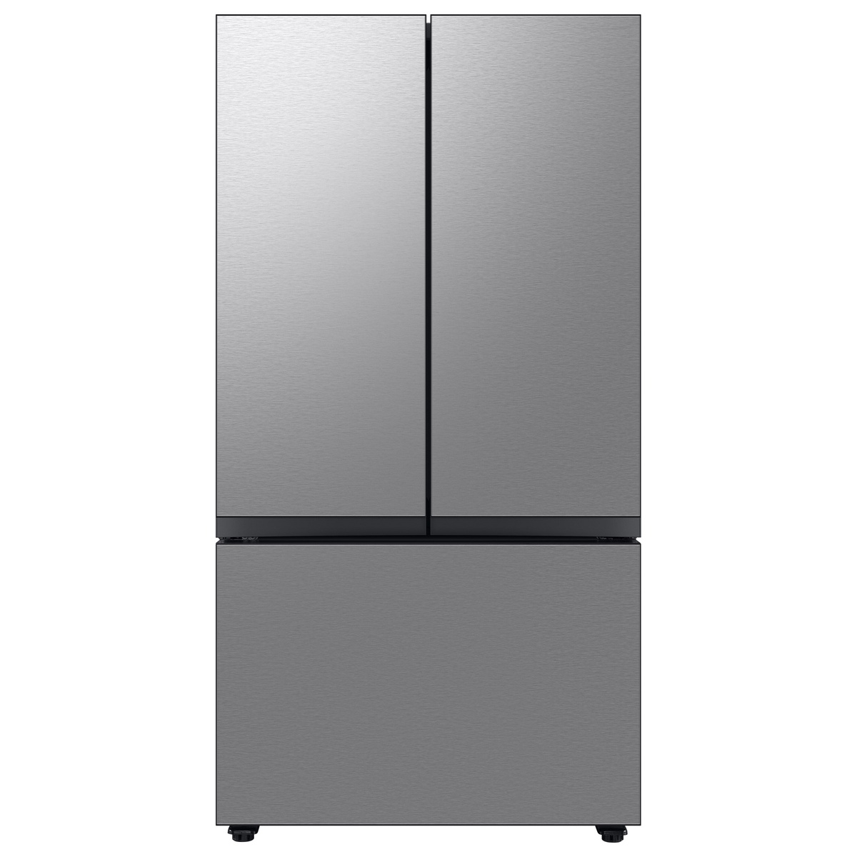 Front view of stainless steel 3-door French door refrigerator with flat doors and recessed handles.
