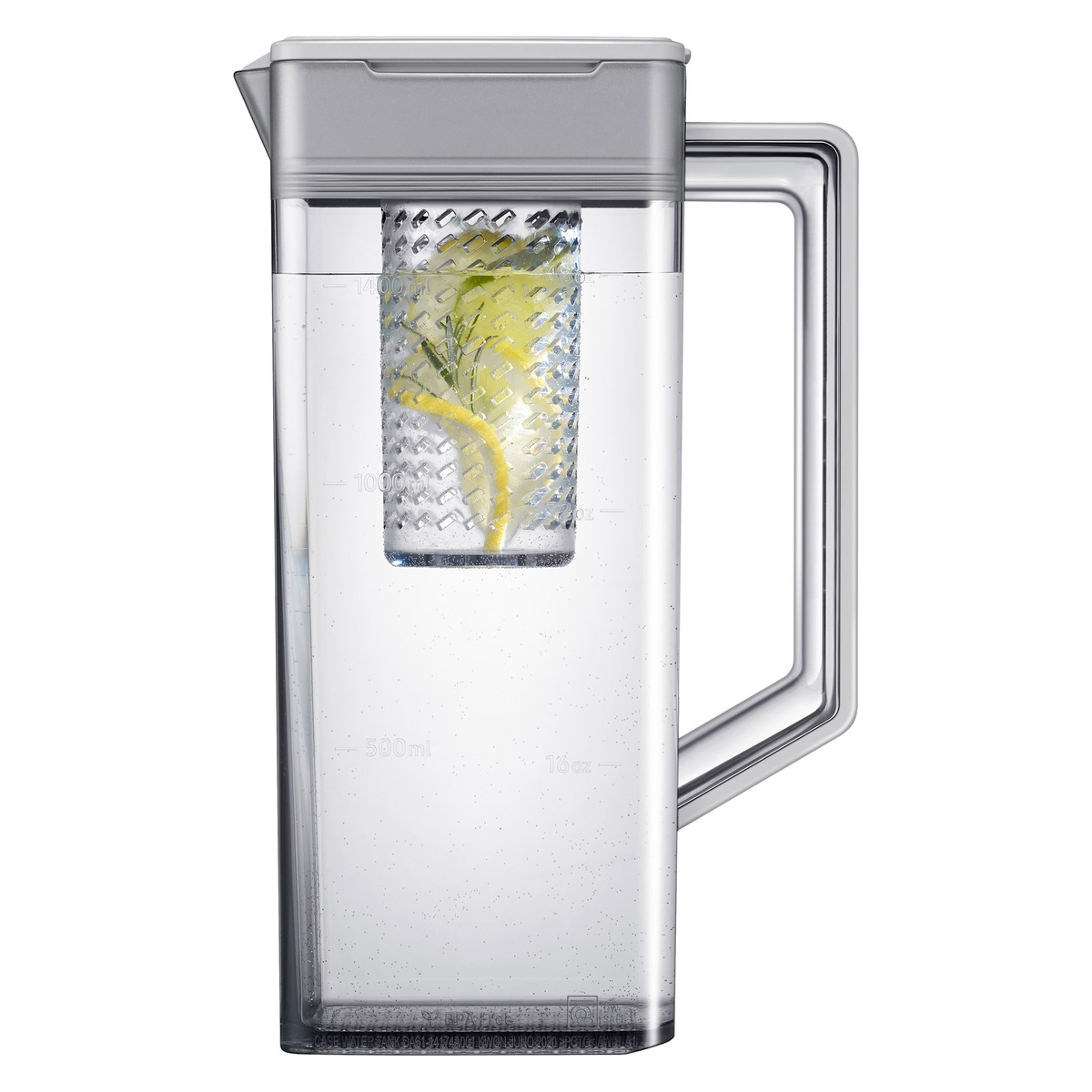 Clear Samsung autofill water pitcher with built-in infuser containing lemon and herbs.