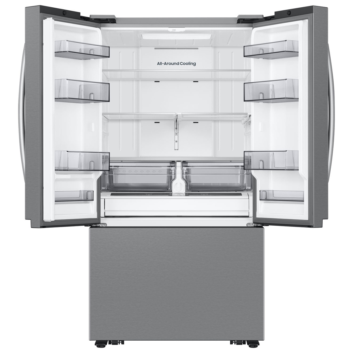 Empty interior of the refrigerator with All‑Around Cooling label visible and multiple shelves and door bins