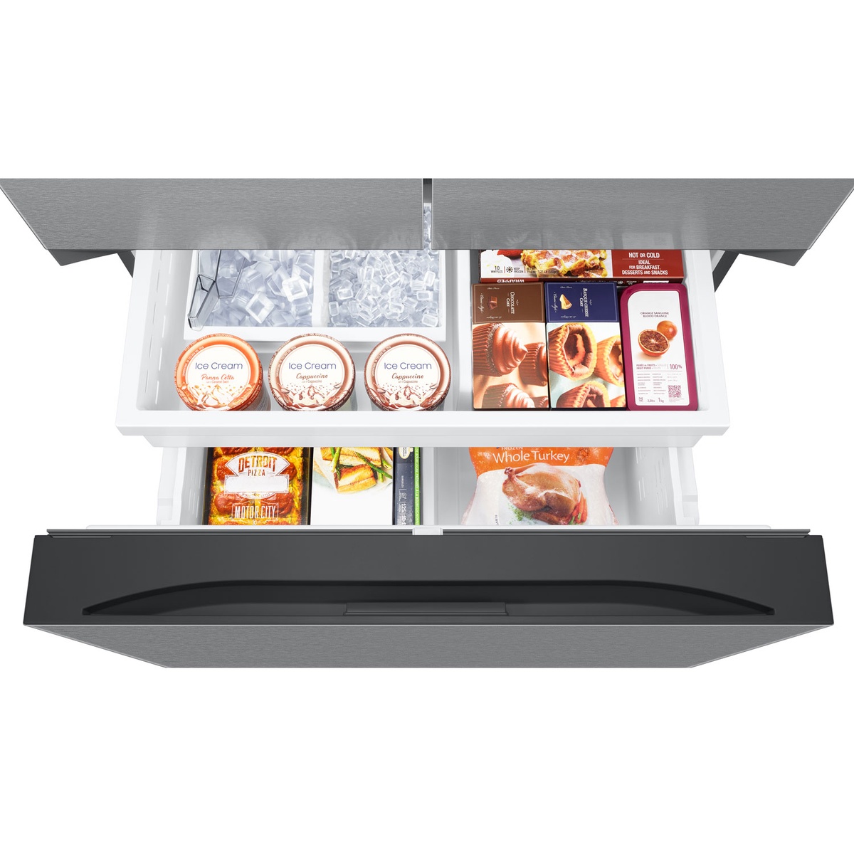 Freezer drawer open showing compartments and ice storage