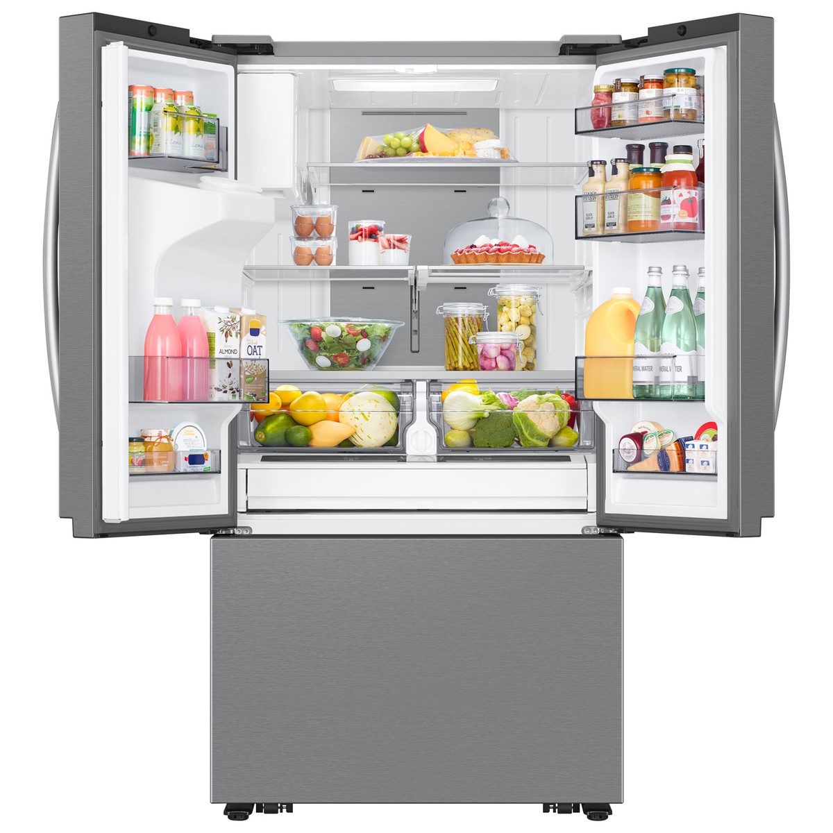 Open French-door fridge filled with organized food items showing wide shelves and door bins