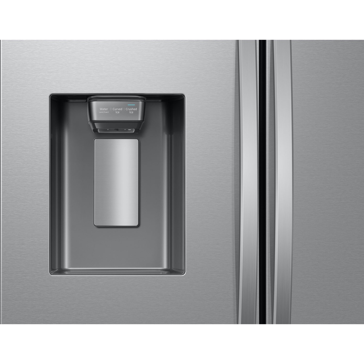 Close-up of external dispenser with water and ice controls