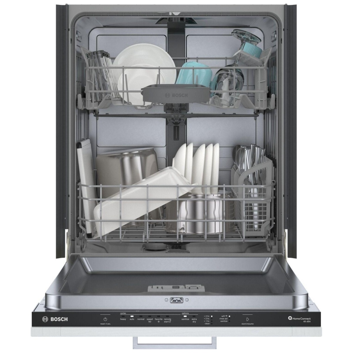 Dishwasher interior with two racks loaded with plates, glasses, and cookware.