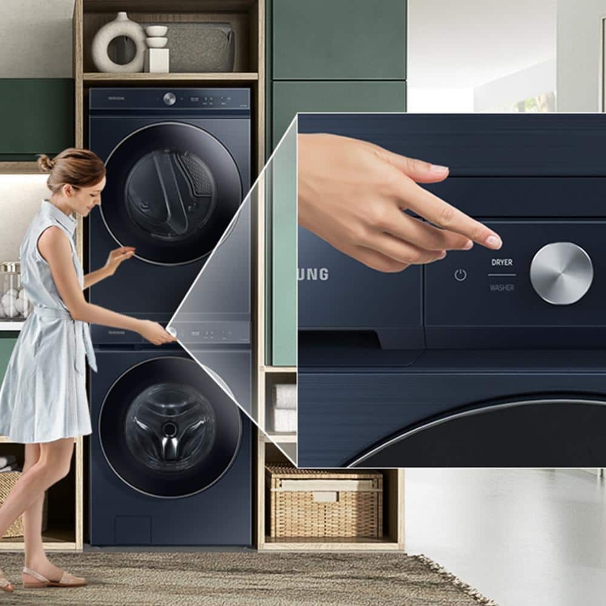 Stacked Samsung Bespoke washer and dryer with reachable unified control panel