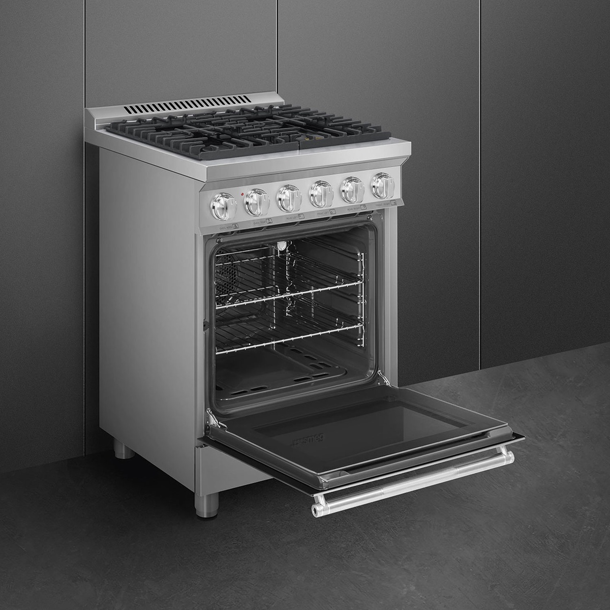 Open view of the Smeg SPR24UGGX oven cavity with racks and convection fan