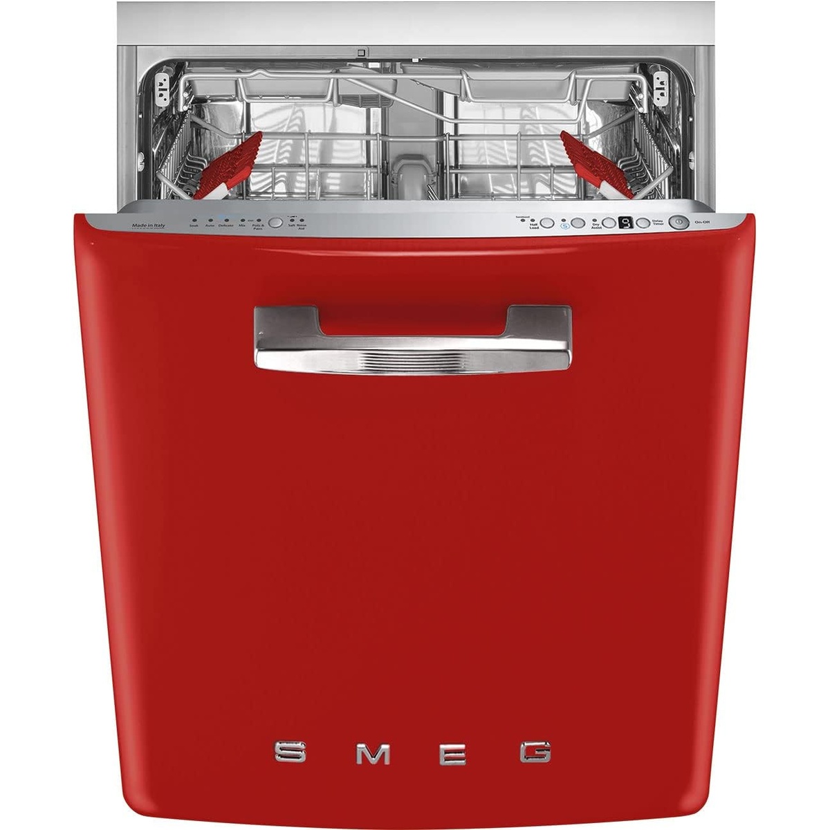 Red Smeg built-in dishwasher with stainless interior racks and top control icons visible.