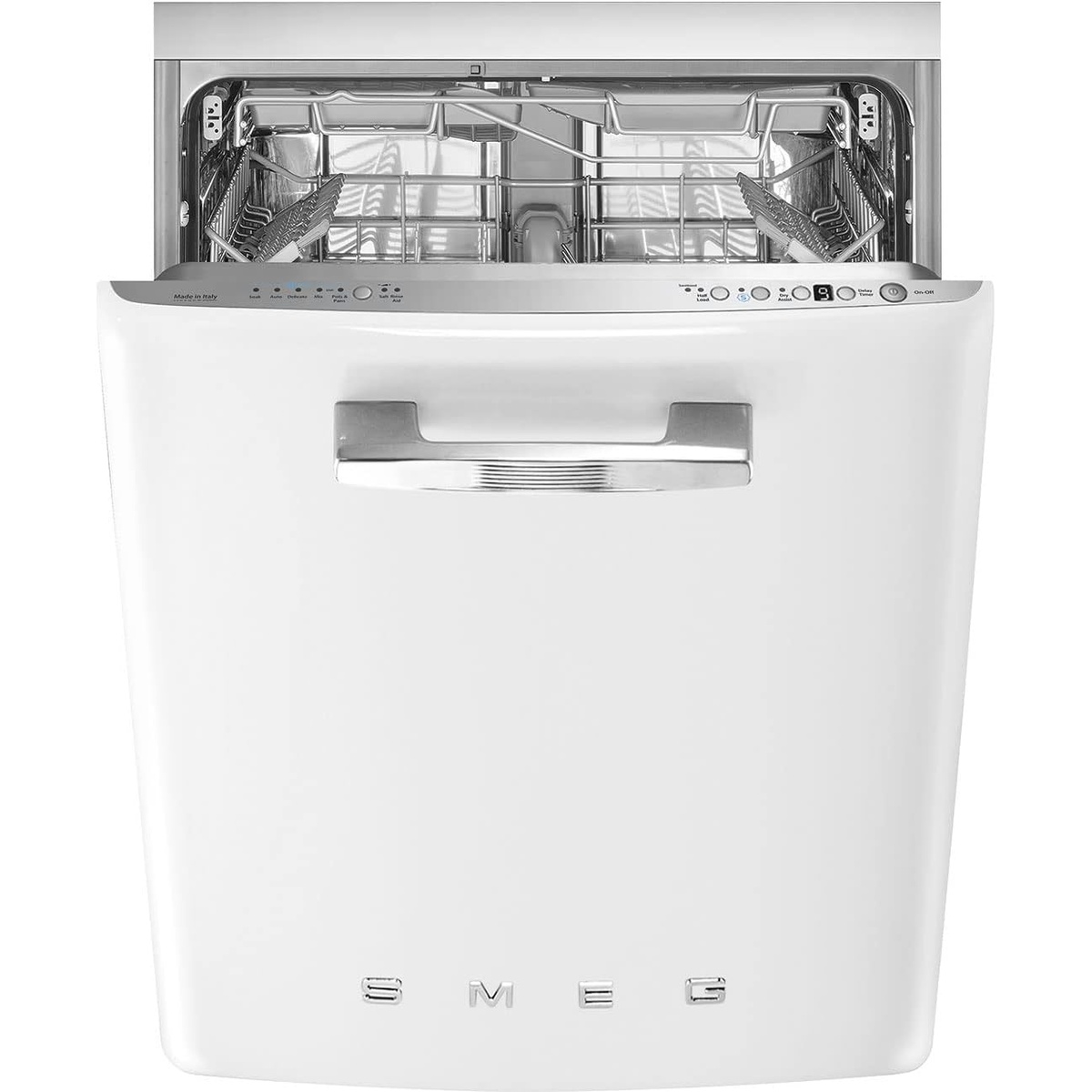 White SMEG retro dishwasher with chrome handle, open to show upper racks and control panel.