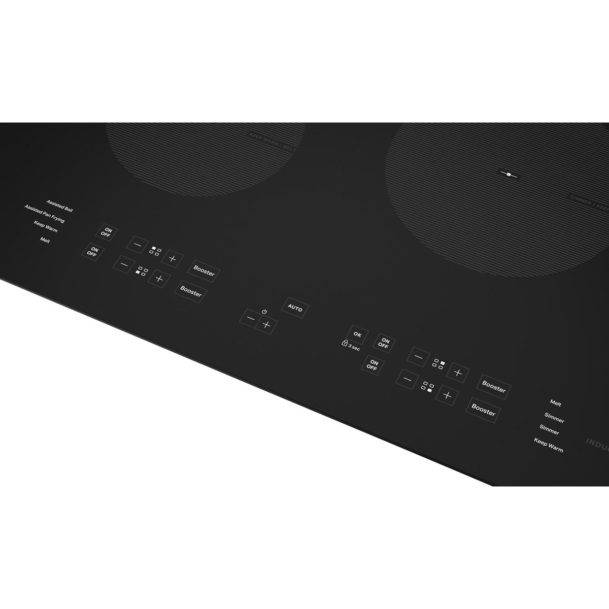 Close-up of the Whirlpool induction cooktop touch controls with booster and assisted cooking labels